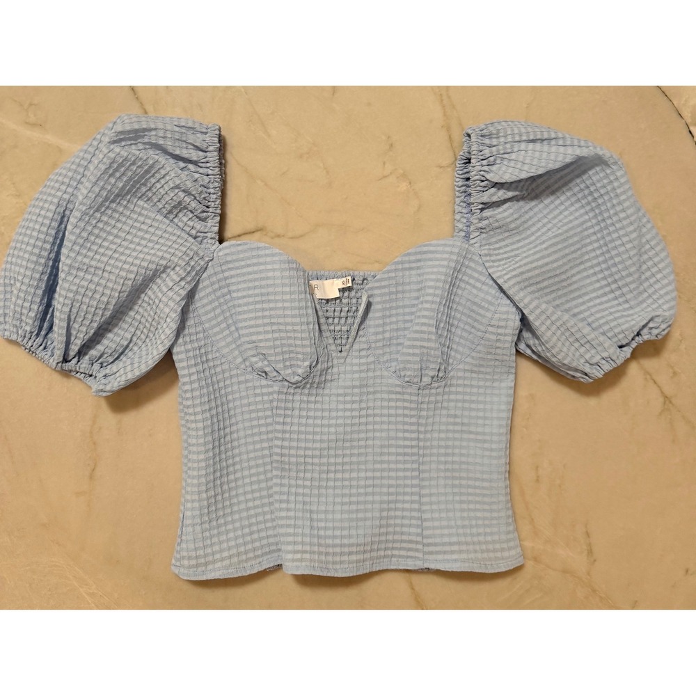 ASTR The Label Daydreamer Blue Seersucker Puff Sleeve Sweetheart Top Womens XS‎